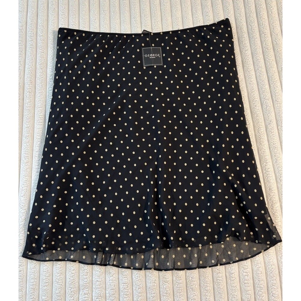 Deadstock vintage George Polka Dot Skirt Womens 22/24W black beige officewear